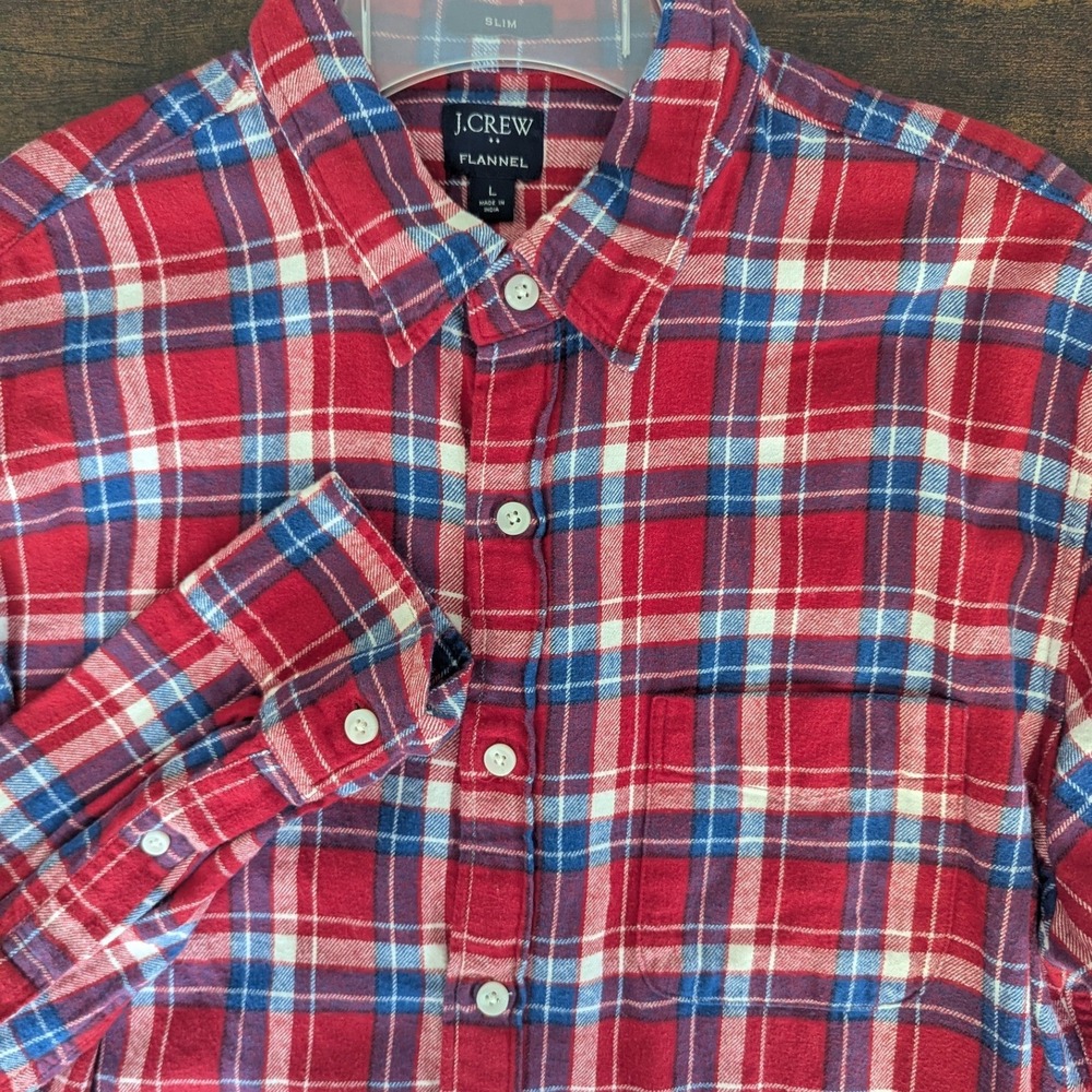 J.Crew Flannel Shirt Red Blue Plaid Slim Fit Sz L Rugged Heritage Americana
